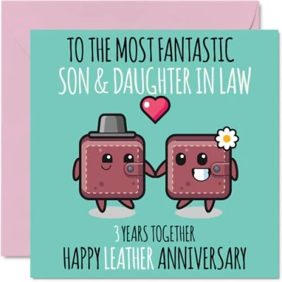Abbildung von Süße Geburtstagskarte aus Leder für Sohn und Schwiegertochter 3 Jahre zusammen Glückwunschkarten zum 3. Hochzeitstag Sohn, 145 mm x Grußkarten den dritten