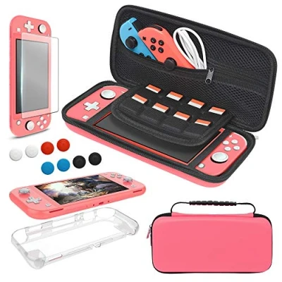 Abbildung von Tasche und Schutzhülle Kompatibel mit Nintendo Switch Lite Zubehör Set, YUANHOT Tragetasche &amp; Hülle für Displayschutzfolie Joystick Kappe Koralle