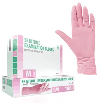 Abbildung von SF Nitril Einweghandschuhe M Rosa, 100 Stück/Box, Nitrilhandschuhe, dehnbare Einmalhandschuhe aus Nitril, puderfrei, latexfrei, Rissfest, Gummihandschuhe