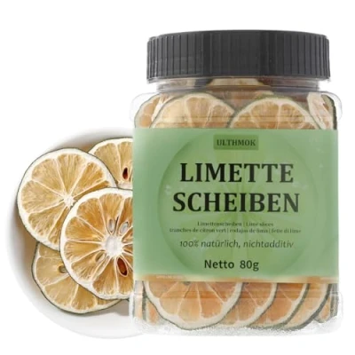 Abbildung von Hochwertige getrocknete Limettenscheiben,Lime Slices 80 g, 100 % natürliche, dehydrierte Limetten Zitronenscheiben als Kuchendekoration und Cocktailgarnitur, ohne Zusatzstoffe Zuckerzusatz.