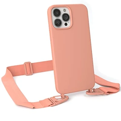 Abbildung von EAZY CASE Handykette Silikon mit Karabiner kompatibel iPhone 13 Pro Max Handyhülle breitem Umhängeband, Handykordel Silikon, Hülle, Kette für Smartphone, Kordel, Korall Clip Koralle