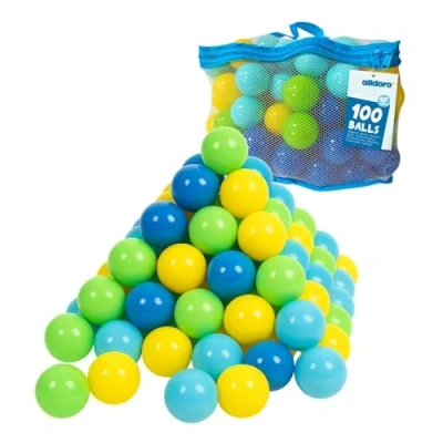 Abbildung von alldoro 60382 100 Bälle für Bällebad aus Kunststoff, je 6 cm Durchmesser, bunt, Kleinkinder, inkl. Netztragetasche