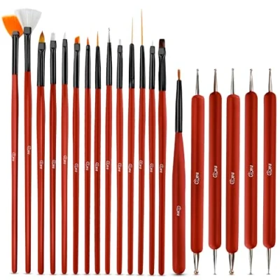 Abbildung von Glow 20 Nail Art Pinsel Set und Punktierwerkzeug, Nagel Nageldesign Perfekt für Anfänger Profis, Gelnägel ein Praktisches Preiswertes mit Holzgriff (Rot)