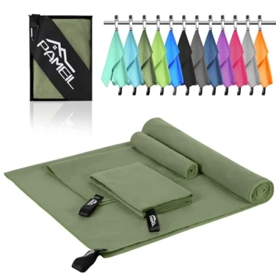 Abbildung von Pameil Mikrofaser Handtuch 3er Set (160x80cm Groß Badetuch +2 Stück 80x40cm Klein Handtuch), Reisehandtuch Schnelltrocknend Microfaser Handtücher für Fitness Sauna (Armeegrün)