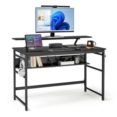 Abbildung von Mondeer Schreibtisch Computertisch, 120cm, mit 2 Ablagefächern, Abnehmbarer Monitorständer