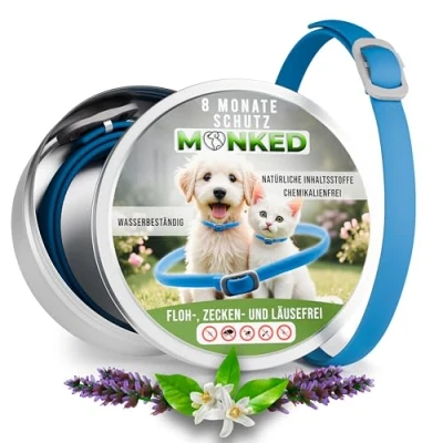 Abbildung von Monked Natürliches Zeckenhalsband Hunde ohne Chemie bis 8 Monate Schutz Zeckenschutz Hund Halsband für Flohhalsband Anti Zecken (Blau, Universal)