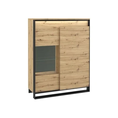 Abbildung von Mirjan24 Vitrine 2D1S Quant QA 06 mit LED Beleuchtung, Vitrinenschrank 2 Türen und 6 Einlegeplatten Standvitrine Highboard Stauraumvitrine Wohnzimmer (Eiche Artisan/Eiche Artisan + Schwarz)
