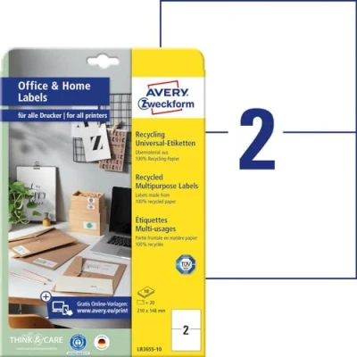 Abbildung von AVERY Zweckform LR3655 10 Recycling Etiketten (20 Adressaufkleber, 210x148mm auf A4, 100% recyceltes Altpapier, bedruckbare Versandetiketten, selbstklebende Klebeetiketten, DHL) Blatt, naturweiß