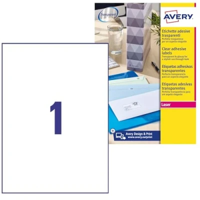 Abbildung von Avery J7567 25 Adressetiketten für Laserdrucker (1 Etikett pro Blatt, 210 x 297 mm) Stück transparent
