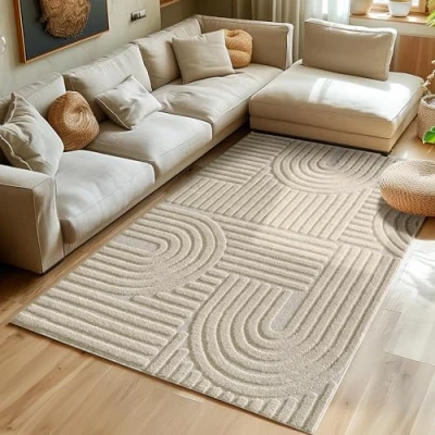 Abbildung von Hochflor Teppich Wohnzimmer Küchenteppich Schlafzimmer Läufer Flur Skandi Boho 3D Design Flauschig Weich, Größe: 80 x 250 cm Farbe: Beige
