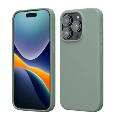 Abbildung von kwmobile Hülle für das iPhone 15 Pro Silikon Handy Case stoßfeste Handyhülle mit weicher Oberfläche Rainwashed Grün