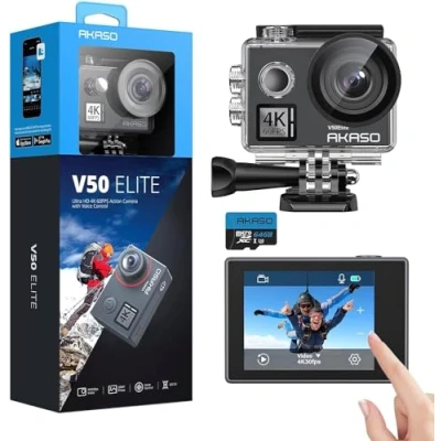 Abbildung von AKASO V50 Elite Action Cam mit MicroSDXC Speicherkarte 64 GB 4K/60 fps 20 MP WiFi, Unterwasserkamera 40 m wasserdicht Touchscreen, Sprachsteuerung, 8 x Zoom
