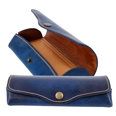 Abbildung von MIKA 28071007 Brillenetui klein aus Echt Sattel Leder Blau, Etui für Brillen und Sehhilfen, Brillenbox Damen Herren, blaue Brillenaufbewahrung, Sonnenbrillenetui ca. 15 x 6 3 cm