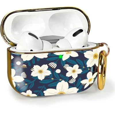 Abbildung von MyGadget Hardcase Hülle [ Blumen Motiv ] kompatibel mit Apple AirPods Pro (2.Gen 2022) Qi Karabiner LED Licht sichtbar Dunkelblau Weiß