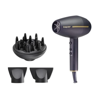 Abbildung von BEPER 40.406 Professioneller Haartrockner mit Ac Motor, 2 Geschwindigkeiten und 3 Temperaturen, Heiß Kaltluftmodi, Leistung 2400W Schwarz/Gold