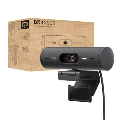 Abbildung von Logitech Brio 505 Full HD Webcam mit automatischer Belichtungskorrektur, Auto Framing, Präsentationsmodus, 2 Mikrofonen Geräuschunterdrückung, Abdeckblende Msft Teams, Google Meet, Zoom Grau