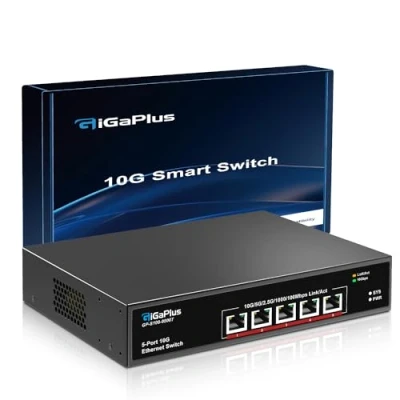 Abbildung von 5 Port 10Gb Ethernet Switch, x 10Gbe RJ45 Ports, 100Gbps Switching Kapazität, GiGaPlus Unmanaged Switch Einfach für 10G NAS, PCs, WiFi7 Router, Adapter/Netzkarten. Desktop oder 19 Zoll Rack Mon