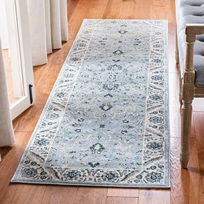 Abbildung von SAFAVIEH Traditionell Teppich für Wohnzimmer, Esszimmer, Schlafzimmer Isabella Collection, Kurzer Flor, Hellblau und Creme, 66 X 244 cm