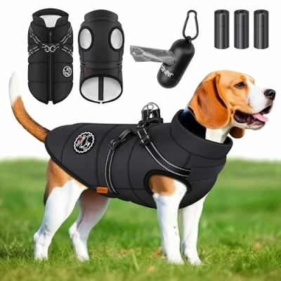 Abbildung von LOVPET® Hundejacke Hundemantel Mit Geschirr, inkl. 45 Stück Kotbeutel + Spender, Hunde Winterweste gefüttert wasserdicht, Gepolsterte Weste Brustgurt, Reflektoren, D Ring 2XL, Schwarz