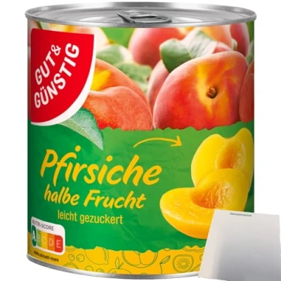 Abbildung von Gut&amp;Günstig Pfirsiche halbe Frucht erntefrisch verarbeitet (820g Dose) + usy Block