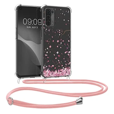 Abbildung von kwmobile Necklace Case kompatibel mit Oppo A74 (5G) / A54 Hülle Silikon Cover Handykette Rosa Dunkelbraun Transparent Kirschblütenblätter