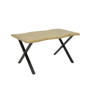 Abbildung von Hela Tische, Esstisch Gerda, Tischplatte 46mm Baumkantenoptik in Wildeiche, X Gestell Metall Schwarz, 140x90cm