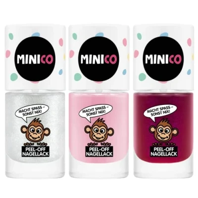 Abbildung von MINICO Premium Kinder Nagellack 3er Set Glitzer, Rosa &amp; Pink, abziehbar, dermatologisch getestet, kindgerecht, nachhaltig, vegan, wasserbasis, peel off entfernbar