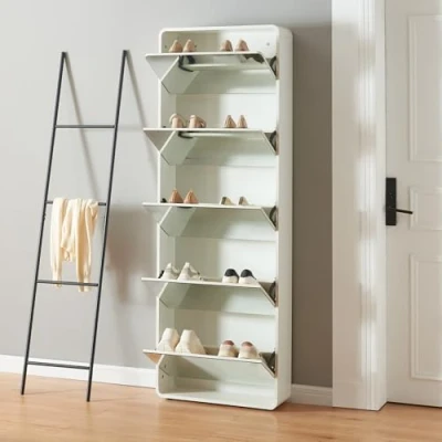 Abbildung von [en.casa] Schuhschrank Aure Schuhkipper mit 5 Klappen Schuhkommode Spiegel Schuhregal platzsparend für 10 Paar Schuhe Schuhablage Schuhaufbewahrung 180 x 63 20 cm Weiß