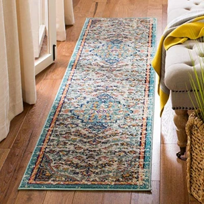 Abbildung von SAFAVIEH Boho Teppich für Wohnzimmer, Esszimmer, Schlafzimmer Madison Collection, Kurzer Flor, Grau und Hellblau, 61 X 244 cm