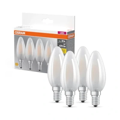 Abbildung von OSRAM LED BASE B40, Vorteilspack mit 4 Leuchtmittel, ersetzt herkömmliche 40W Glühbirnen, 4W, warmweiß (2700K), mattes Glas, nicht dimmbar, Kerzenform, E14