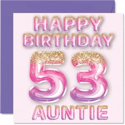 Abbildung von Stuff4 Geburtstagskarte zum 53. Geburtstag für Tante rosa &amp; lila Glitzerballons Happy Birthday Karten 53 Jahre alte von Neffe Nichte, 145 mm x