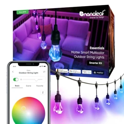 Abbildung von Nanoleaf Essentials Matter, LED Lichterkette Außen 15M Starter Kit (RGBICW) Smarte und Mehrfarbige mit 16 Mio. Farben, IP65 Wasserdicht, 20 Dimmbaren Glühbirnen, WLAN, Bluetooth Matter fähig