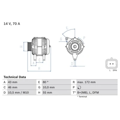 Abbildung von BOSCH 0 986 049 370 Lichtmaschine 14V 70A PEUGEOT: Partner II Tepee, 206 Schrägheck, 207 CITROËN: Xsara Kombi, Berlingo / First I