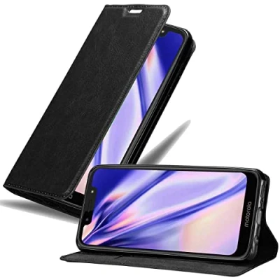 Abbildung von Cadorabo Hülle kompatibel mit Motorola MOTO G7 PLAY aus Premium Kunst Leder Flip Klappbare Stoßfeste Magnetische [Standfunktion] [Kartenfächern] Cover für Tasche in Schwarz