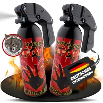 Abbildung von 2 x Wilhelm Pfefferspray Tierabwehr Selbstverteidigung CS Gas KO Spray hochdosiert (ca. Mio. Scoville) effektives Verteidigungsspray (Fog, 470 ml) mit Pistolengriff zur Heimverteidigung