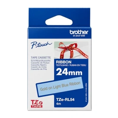 Abbildung von Brother textiles Schriftband TZe RL54 gold auf hellblau 24 mm breit, 4 m lang (u.a. für P touch D600VP, E500VP, E550WVP, H500, P700, Cube Plus, P750W, P900W, P950NW)