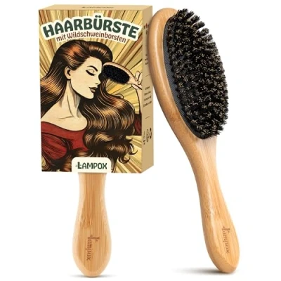 Abbildung von lampox Haarbürste, Wildschweinborsten Bürste für Damen Herren Kinder, Bambus Paddel Naturborsten dünnes, feines Haare, Verbesserung der Haartextur (Bambus)