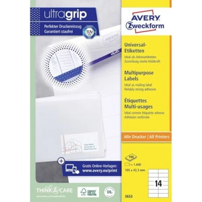 Abbildung von AVERY Zweckform 6136 Adressaufkleber (350 plus 70 Klebeetiketten extra, 105x42,3mm auf A4, Papier matt, bedruckbare Absenderetiketten, selbstklebende Adressetiketten mit ultragrip) 30 Blatt, weiß