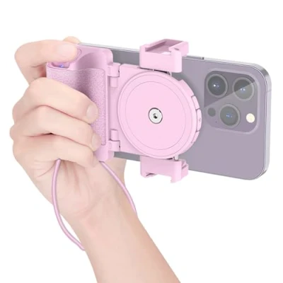 Abbildung von Kompakter Smartphone Griffhalter mit Abnehmbarer Drahtloser Fernbedienung und Cold Shoe Halterungen Kompatibel iPhone 16 15 14 13 12 11 Galaxy Pixel Mate 55 90 mm Breit für Vlog Video Foto (Rosa)