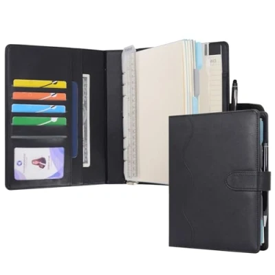 Abbildung von Wason Liniertes Tagebuch PU Leder A5 Nachfüllbares Papier Journal, Ringbuchordner Portfolio mit Schreibbrett Schreibblock Spiraltagebuch und Stift für Reise Geschäfts Schule Organizer(Schwarz)