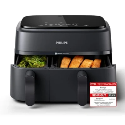 Abbildung von Philips Airfryer Dual Basket 3000 Series, 9L, 2 Körbe, Gerichte gleichzeitig fertig, RapidAir Plus Heißlufttechnologie, 90% weniger Fett, Energieeffizient, HomeID Rezepte App (NA350/00)
