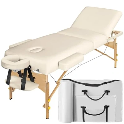 Abbildung von tectake höhenverstellbare Massageliege 3 Zonen, klappbar, Massagetisch, 10 cm Polsterung, Mobile Massageliege, Kopf und Armstütze, Massagebank mit Holzfüßen, Zubehör Tragetasche beige
