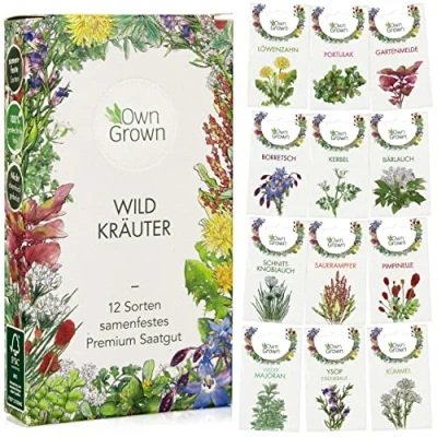 Abbildung von Wildkräuter Samen Set: 12 Sorten Saatgut für Balkon u. Garten Bärlauch Samen, Portulak Schnittknoblauch Sauerampfer Löwenzahn Kräuter OwnGrown
