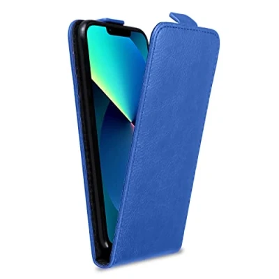 Abbildung von Cadorabo Hülle kompatibel mit Apple iPhone 13 Mini Flip Design aus Premium Kunst Leder Klappbare Stoßfeste Magnetische Cover für Tasche in Blau