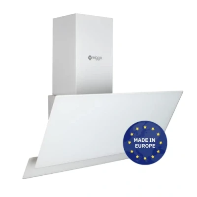 Abbildung von Wiggo Dunstabzugshaube 50cm kopffrei I Abluft Umluft Dunstabzug 300m3/h LED Touch Display 3 Stufen Schräghaube inkl. Fettfilter &amp; 2x Kohlefilter Abzugshaube mit 2 teiliger Glasfront weiß