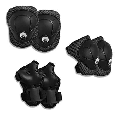 Abbildung von &#039;Innovatives Kinderschutzset für Jungen &amp; Mädchen 3 in 1 Flexible Knieschützer, Ellbogenschützer und Handgelenkschützer + Netztasche Skateboard, BMX, Fahrrad, Inliner Scooter (Schwarz)