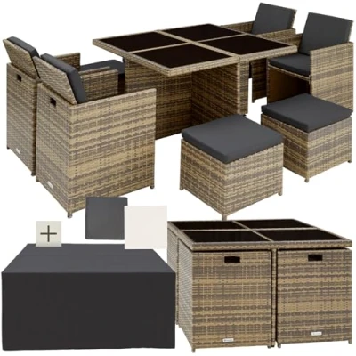 Abbildung von tectake® Lounge Möbel Set 4X Stühle, Hocker, 1x Tisch, platzsparende Cube Aufbewahrung, Outdoor Rattan Gartenmöbel für Balkon, Garten und Terrasse, mit Abdeckung Wechselbezügen Natur