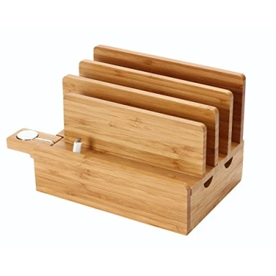 Abbildung von iCozzier Bambus 4 Slot iWatch Ständer Abnehmbar Multifunktionelle Ladestation und Kabel Organizer Docking Station für Apple Watch, iPhone, iPad, MacBook,Smartphones, Tablets
