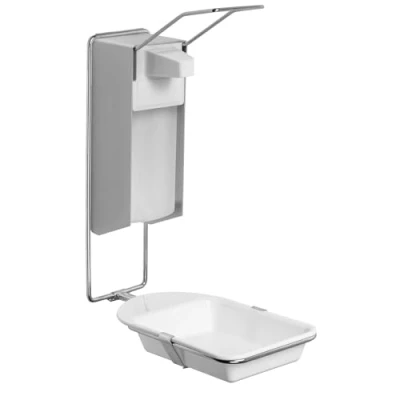 Abbildung von 1x ARNOMED Desinfektionsspender mit Tropfschale, Aluminium Seifenspender für 1000ml, zur Wandbefestigung langem Armhebel, Eurospender Desinfektionsmittel, Soap Dispenser, Spender
