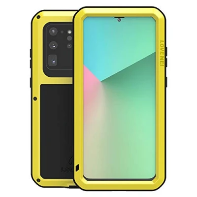 Abbildung von LOVE MEI für Samsung Galaxy S20 Ultra Metall Hülle,Heavy Duty Rüstung Tank Bumper Robust Aluminium Stoßfest/Staubdicht/Anti Drop Ganzkörper Schutz Fall Cover mit gehärtetem Glas (Gelb)
